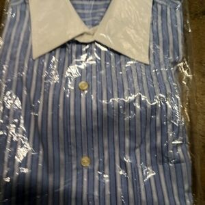 Men's Blue Striped Tasso Elba Cufflink Dress Shirt Size 16.5x34/35